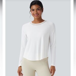 Halara White Long Sleeve Contrast Mesh Curved Hem Quick Dry Running Sports Top M